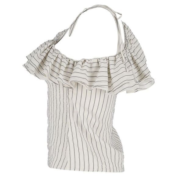 Ganni Wilkie Ruffled Striped Blouse in White Cotton and Silk - Picture 2 of 3